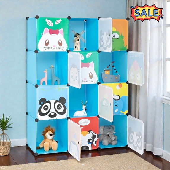 Tcbosik 12-Cube Storage Organizer with Doors, DIY Plastic Modular Bookshelf, Stackable Shelving Rack for Bedroom, Living Room, Easy Assembly, Blue