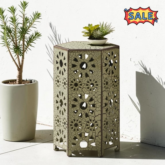 Tcbosik 12" Outdoor Iron Side Table, Hexagon Accent Table, Modern End Table for Patio, Porch, Yard, Green