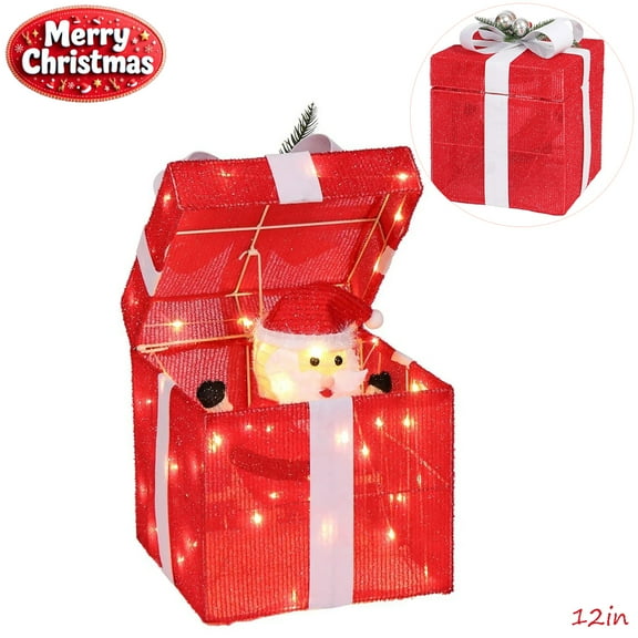 Tcbosik 12in Pre-Lit Motorized Christmas Gift Box, Pop-Up Design with Santa, 60 LED Lights & 16.4ft Cord, Weatherproof for Indoor/Outdoor (Red)