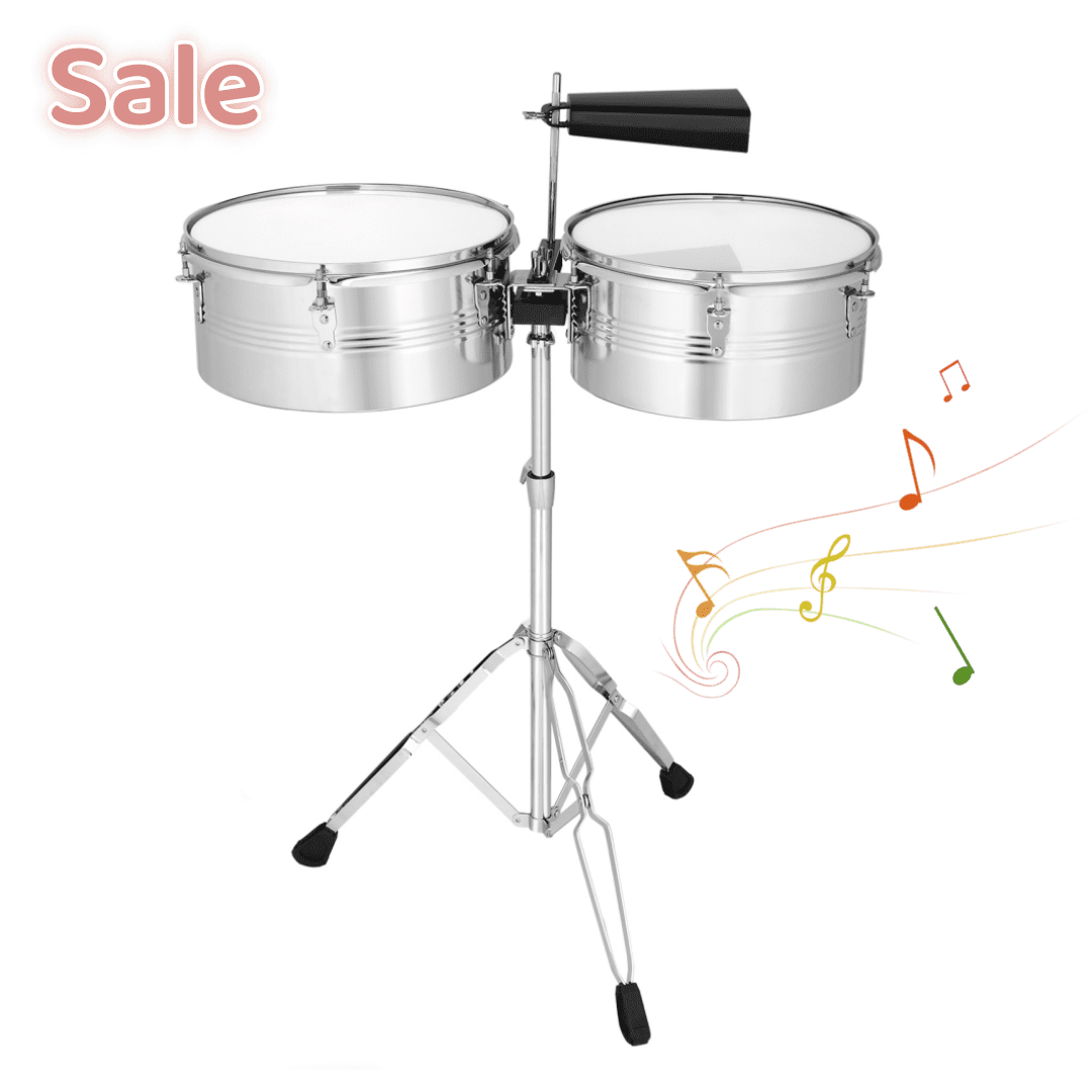 Tcbosik 13" & 14" Timbale Drum Set with Stand and Cowbell, Beginner Percussion Kit, Silver