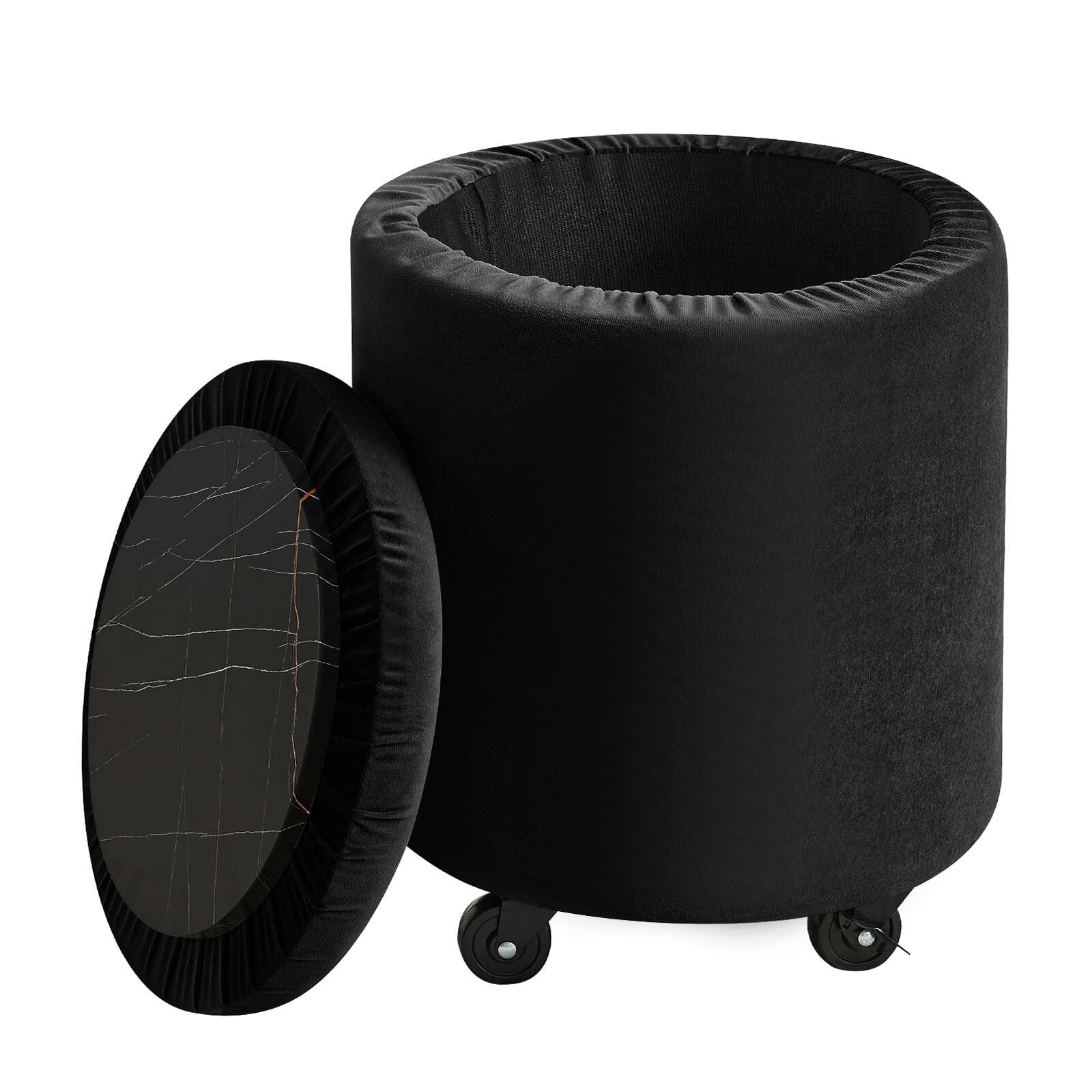 Tcbosik 13.7" Round Storage Ottoman with Lockable Wheels, Upholstered Velvet Footrest for Makeup ...