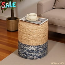 Tcbosik 13.78" Handwoven Pouf Ottoman Stool for Farmhouse & Boho Decor - Versatile Accent Seat, No Assembly Vanity Stool and Footrest (Natural Blue)