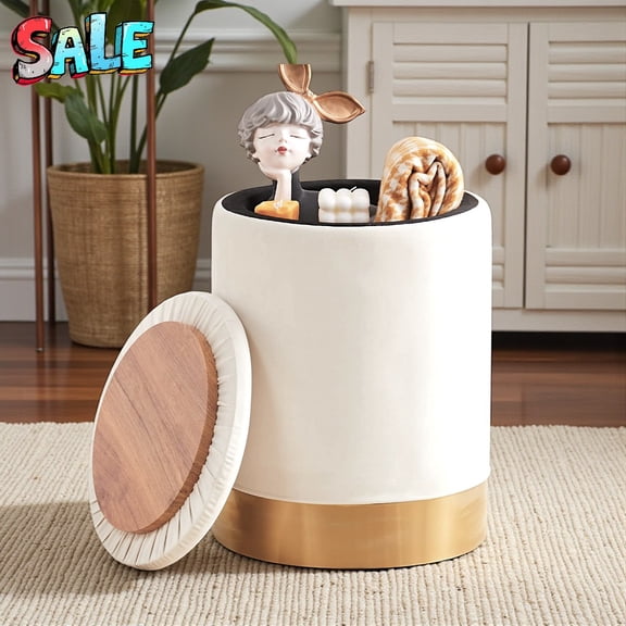 Tcbosik 13.8" Round Velvet Storage Ottoman with Removable Lid & Hidden Storage, Modern Upholstered Footstool & Vanity Chair w/ Golden Metal Trim Accent, 260 lbs Load Capacity