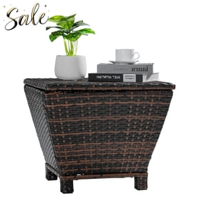 Tcbosik 13 Gallon Storage Side Table with Flip Lid, All-Weather PE Wicker & Steel Deck Box for Patio, Outdoor End Table with Pneumatic Rods, Brown