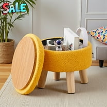 Tcbosik 13" Round Teddy Velvet Ottoman Footstool with Stable Wood Legs, Soft Upholstered Small Stool for Living Room Bedroom, Multi-Functional Storage Seat & Footrest, Easy Assembly, Brilliant Yellow