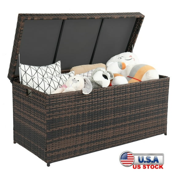 Tcbosik 132 Gallon Deck Box, Outdoor Rattan Storage Box for Patio Cushions Pool Float Garden Tools, Brown