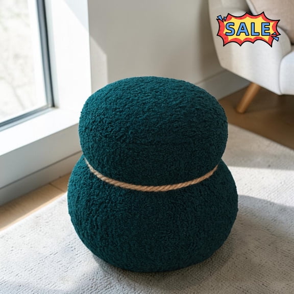 Tcbosik 14.5" Small Cute Ottoman, Snowman Shape Footstool with Wood Frame, Round Footrest for Living Room, Bedroom, Dark Green