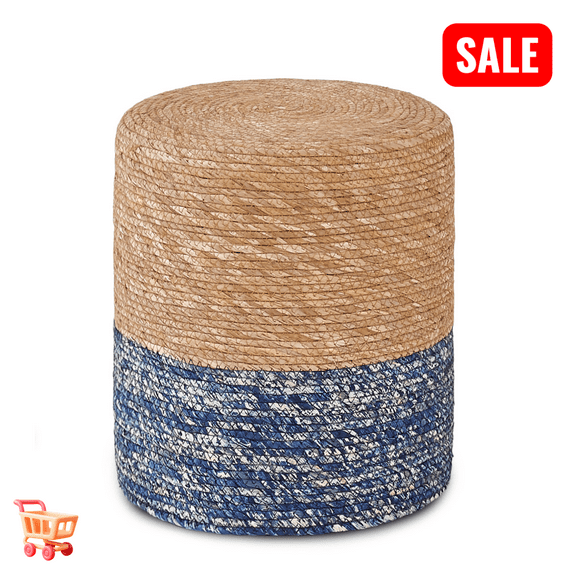 Tcbosik 14" Round Ottoman, Hand Weave Natural Seagrass Footrest, Boho Foot Stool, Small Accent Table for Living Room, Bedroom, Natural+Blue