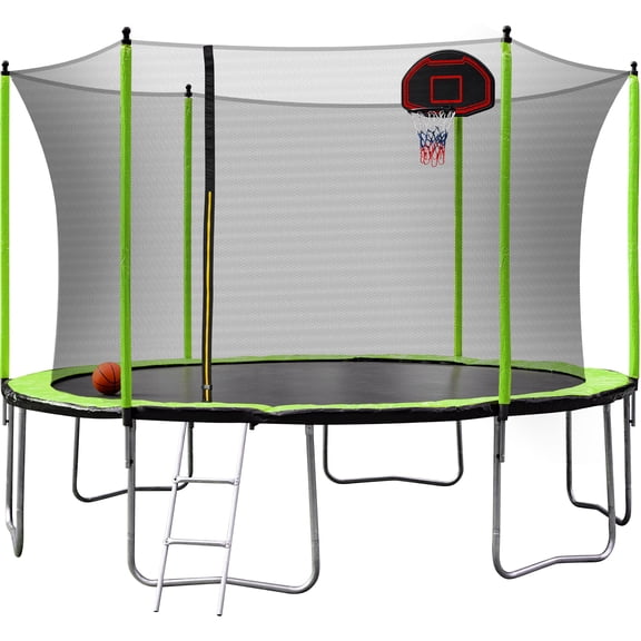 Tcbosik 14FT Trampoline with Basketball Hoop Inflator & Ladder(Inner Safety Enclosure), Green
