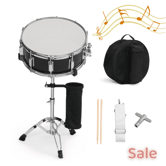 Tcbosik 14x5.5 inch Snare Drum with Stand and Bag, Beginner Drum Set with Strap, Mute Pad, Sticks and Wrench, Black