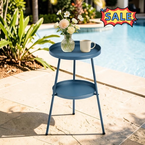 Tcbosik 15.2 Inch Small Side Table for Outdoor, 2-Tier Round End Table with Storage Tray, Metal Patio Table for Garden, Deck, Backyard, Navy Blue