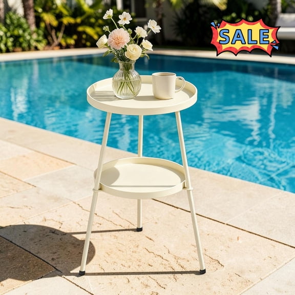 Tcbosik 15.2" Round End Table with Storage Tray, 2-Tier Small Side Table, Metal Accent Table for Patio, Garden, Balcony, Backyard, Easy Assembly, Cream White