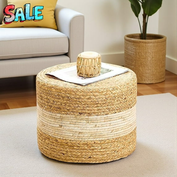 Tcbosik 15.7" Handcrafted Round Ottoman, Accent Footrest/Low Stool with Wooden Frame, Eco-Friendly for Living Room, Bedroom & Small Spaces, Natural+Beige