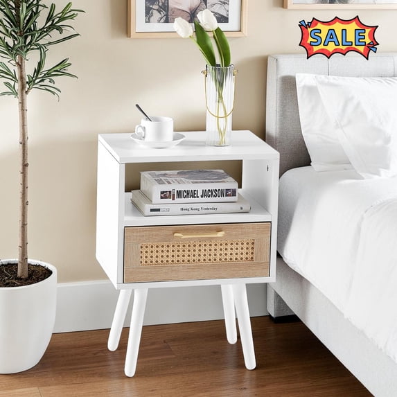 Tcbosik 15.7 Inch Modern Night Stand with Storage, Small Side Table with Shelf and Drawer, Accent End Table for Living Room, Bedroom, Easy Assembly, White