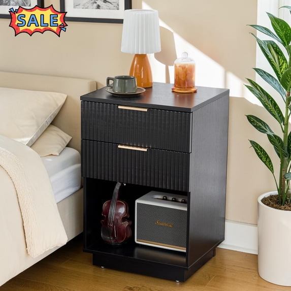 Tcbosik 15.7 Inch Night Stand, Small Side Table with Open Shelf and 2 Storage Drawers, End Table for Bedroom, Living Room, Easy Assembly, Black