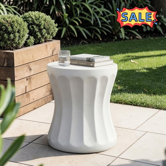 Tcbosik 15.7 Inch Outdoor Side Table, Round Concrete End Table, Decorative Accent Table for Poolside, Balcony, Backyard, Antique White