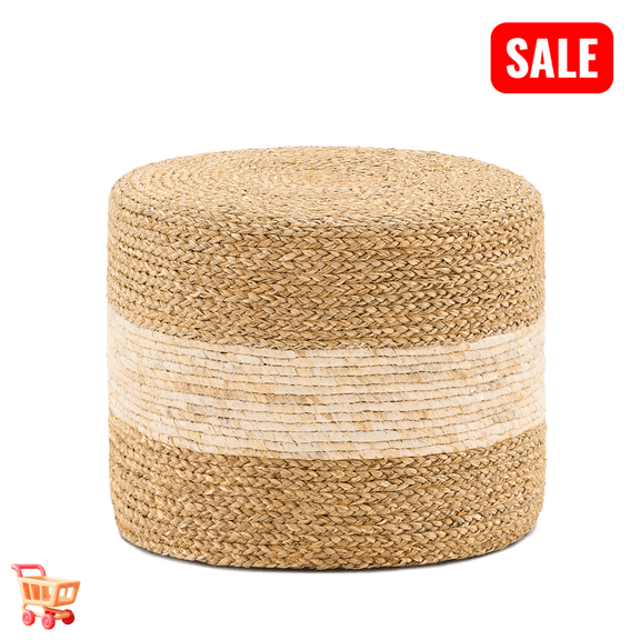 Tcbosik 15.7 inch Handmade Woven Ottoman, Small Natural Seagrass Foot Stool, Boho Footrest for Living Room, Bedroom, Hallway, Natural+White