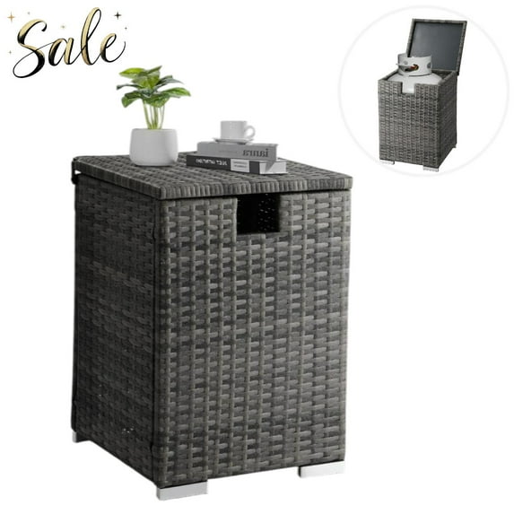 Tcbosik 15.75" Square PE Wicker Side Table with Storage, 20-Gallon Propane Tank Cover End Table for Patio Deck Living Room, All-Weather for Indoor & Outdoor Use (Gray)