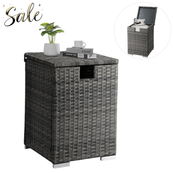 Tcbosik 15.75" Square PE Wicker Side Table with Storage, 20-Gallon Propane Tank Cover End Table for Patio Deck Living Room, All-Weather for Indoor & Outdoor Use (Gray)