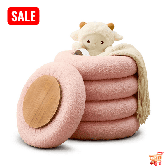 Tcbosik 15" Round Storage Ottoman with Flip-Top Tray, Upholstered Teddy Footstool, Modern Foot Rest for Living Room, Bedroom, Pink
