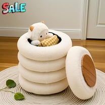 Tcbosik 15" Round Storage Ottoman with Flip-Top Tray, White Teddy Fleece Footstool for Makeup & Living Room, 350lbs Capacity, No Assembly Needed