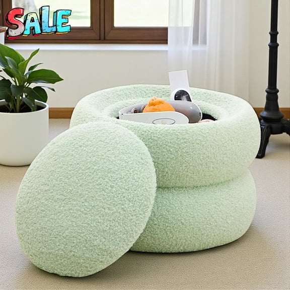 Tcbosik 15" Upholstered Storage Ottoman, Macaron-Shaped Plush Teddy Velvet Footstool, Multi-Functional Seat & Hidden Storage for Living Room, Bedroom, Entryway, No Assembly, Green