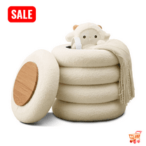 Tcbosik 15 inch Round Ottoman with Storage, Upholstered Foot Stool with Tray Top, Teddy Fabric Footrest for Small Space, Living Room, White