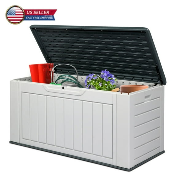 Tcbosik 150 Gallon Large Deck Box, Organizer and Storage for Patio Furniture, Outdoor Cushions, Garden Tools and Pool Toys, Gray and White