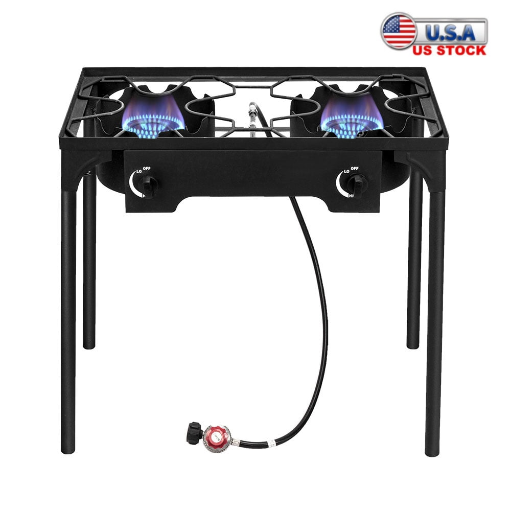 Tcbosik 15W BTU Outdoor Cooking Gas Stove with Removable Legs, Black Double Burner for Home Brewing Stir Frying Camping Tailgating