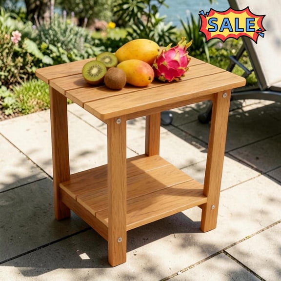 Tcbosik 16.1 Inch Outdoor Side Table, 2-Tier Small End Table with Open Shelf for Garden, Patio, Porch, Backyard, Teak