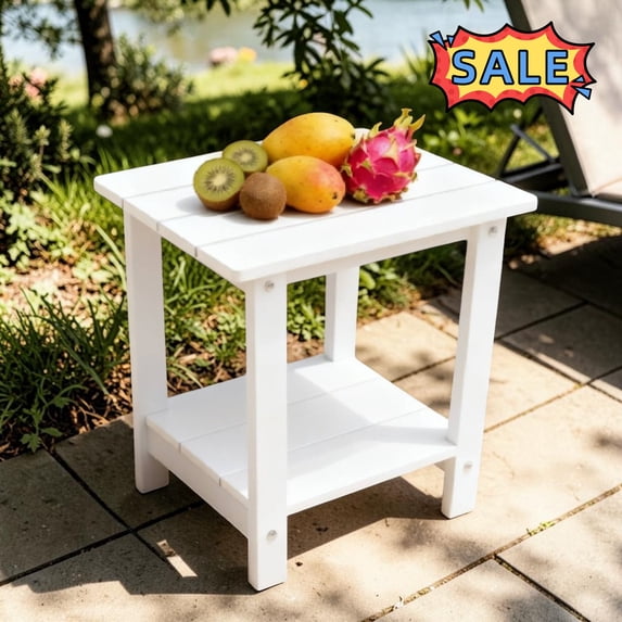 Tcbosik 16.1" Outdoor Side Table with Storage, 2-Tier Square End Table with Open Shelf, Small HIPS Accent Table for Deck, Garden, Poolside, Backyard, Easy Assembly, White