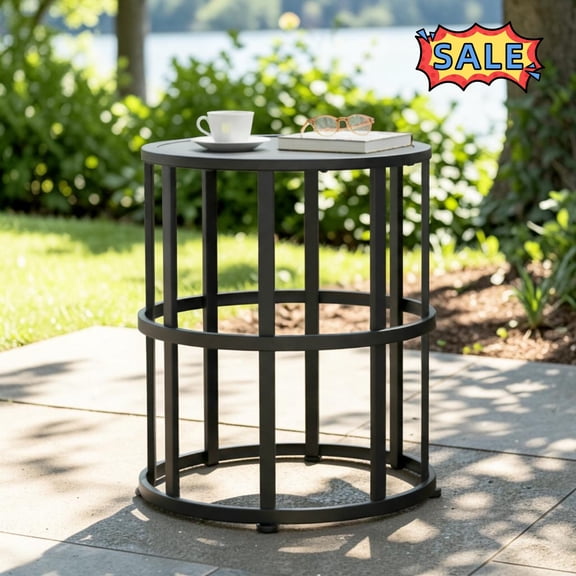Tcbosik 16.5 Inch Round Side Table for Outdoor, Modern End Table with Ceramic Tile Top and Metal Frame for Patio, Garden, Balcony, Backyard, Black