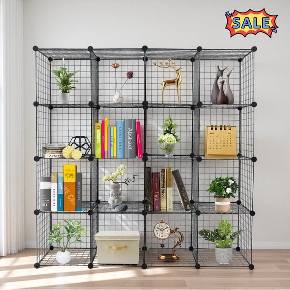 Tcbosik Wire Cube Storage, 16 Cubes Organizer, Metal Grids Storage Bins Shelving, Modular Bookshelf for Bedroom, Living Room, Easy Assembly, Black