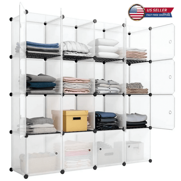 Tcbosik 16 Cubes Storage Organizer with Doors, Modular Storage Cabinet, DIY Plastic Shelving Bookshelf, Closet Cabinet for Home Office Bedroom Living Room, White
