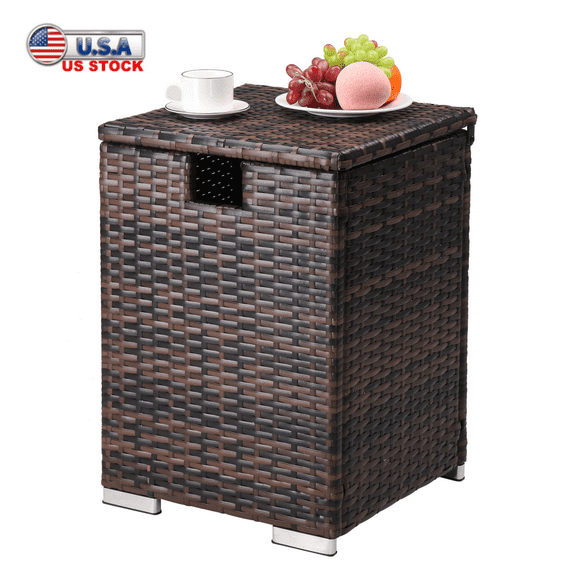 Tcbosik Gas Tank Storage Box, 16 Gallon Wicker Propane Tank Cover Table, Indoor & Outdoor Storage Box for Patio Cushions, Gardening Tools, Brown