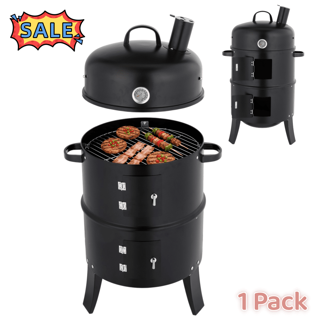 Tcbosik 16 inch Round Charcoal Smoker Grill, Heavy-Duty BBQ Cooker with Hooks and Thermometer for Outdoor Patio, Yard, Garden, Deck, Black