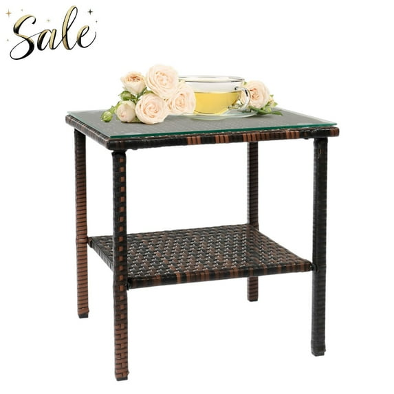 Tcbosik 17.52" Square Side Table with Glass Top & PE Rattan Shelf, 2-Tier All-Weather Patio Lounge Table for Drinks & Snacks, Steel Construction, Brown