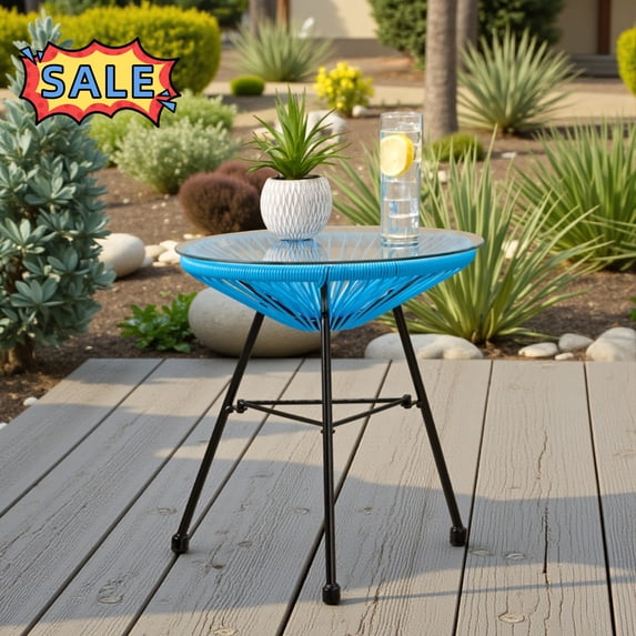 Tcbosik 17.7 Inch Outdoor Side Table, Round End Table with Glass Top and Metal Legs for Lawn, Patio, Garden, Backyard, Easy Assembly, Blue