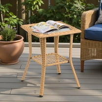 Tcbosik 17.9" Wicker Rattan Side Table with Rippled Glass Top & Open Shelf, 2-Tier Small Bistro Table for Living Room, Patio, Porch, Balcony (Yellow)