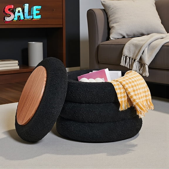 Tcbosik 18.3-Inch Teddy Fleece Upholstered Footstool, Round Storage Ottoman Lift-Top Lid, 300lbs Weight Capacity, Black