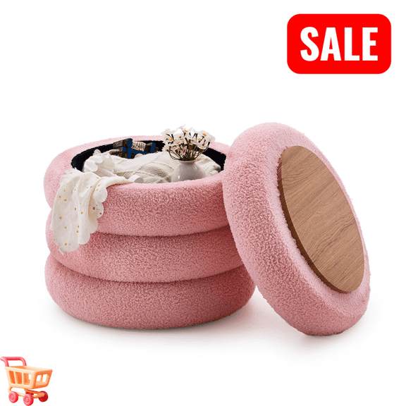 Tcbosik 18.3" Small Round Storage Ottoman with Tray Lid, Teddy Upholstered Footstool, Soft Footrest for Living Room, Bedroom, Entryway, Hallway, Pink