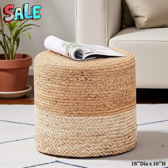 Tcbosik 18-Inch Handwoven Hyacinth Ottoman, Round Pouf Stool with 350lbs Capacity for Living Space and Home Decor, Natural & Beige