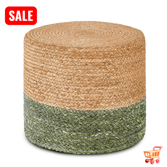 Tcbosik 18" Ottoman Pouf, Natural Seagrass Footstool, Round Footrest for Living Room, Bedroom, Natural & Green