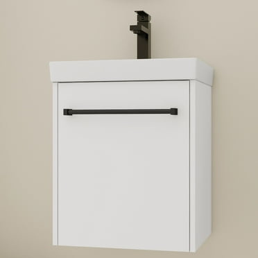 Tcbosik 18 inch Bathroom Vanity with Ceramic Sink, Wall Mounted Vanity Cabinet with Towel Hanger for Small Space, White