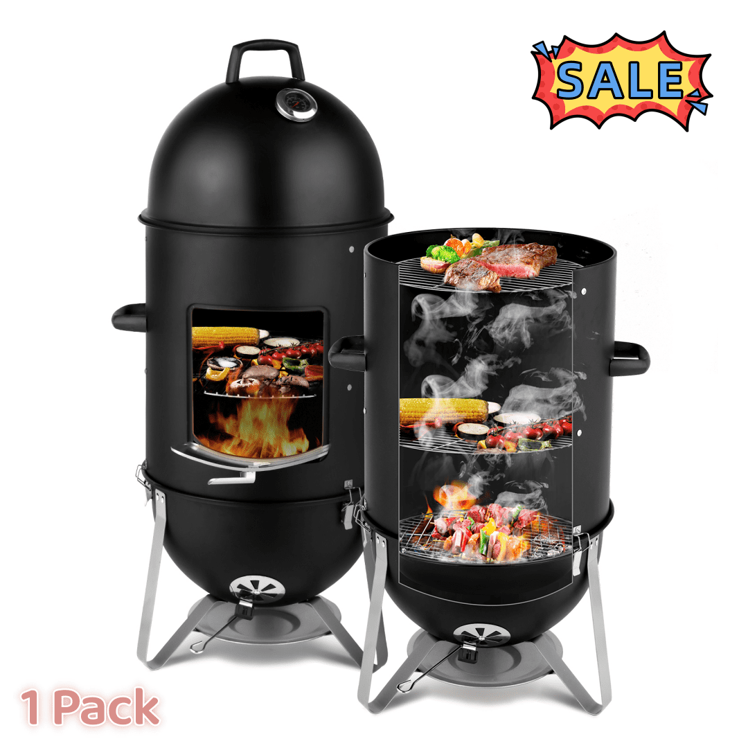 Tcbosik 18 inch Charcoal BBQ Smoker Grill, Heavy Duty Round Grill, Vertical Cooker with Built-in Thermometer for Outdoor Cooking, Party, Picnic, Black