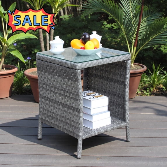 Tcbosik 19.2" Square Side Table with Glass Top for Outdoor, 2-Tier Rattan End Table with Storage Shelf for Patio, Garden, Backyard, Easy Assembly, Grey