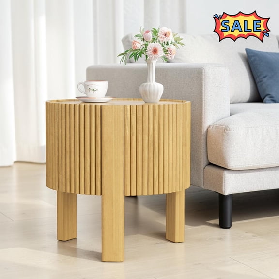 Tcbosik 19.6" Round Side Table with Door, Modern End Table with Storage for Small Space, Living Room, Bedroom, Easy Assembly, Natural