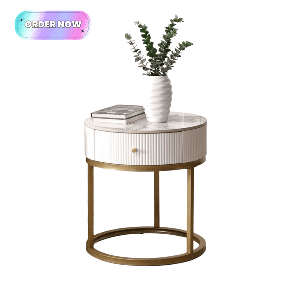Tcbosik 19.6" Round Side Table with Storage Drawer, End Table with Sintered Stone Top, Night Stand for Living Room, Bedroom, White & Gold