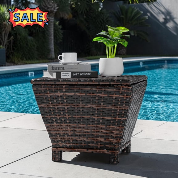 Tcbosik 19.7" Outdoor Side Table, 13 Gallon Wicker End Table, Storage Bin Container for Garden, Patio, Backyard, Brown