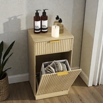 Tcbosik 19"W Tilt-Out Trash Can Cabinet, Modern Flued Waste Bin Holder with Top Drawer, Fits 10-Gallon Trash Can (Not Included), Space-Saving Tilt Hamper for Kitchen/Bathroom/RV/Laundry Room (Oak)